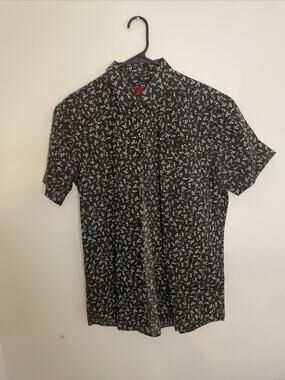 MONTAGE Shirt Med Short Sleeve Slim Fit Mens Button Up Black White Print